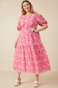 HY8056W Pink Plus Eyelet Patterned Puff Sleeve Scallop Hem Dress Full Body
