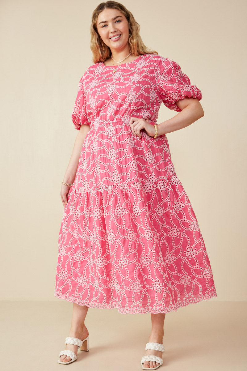 Eyelet Patterned Puff Sleeve Scallop Hem Dress