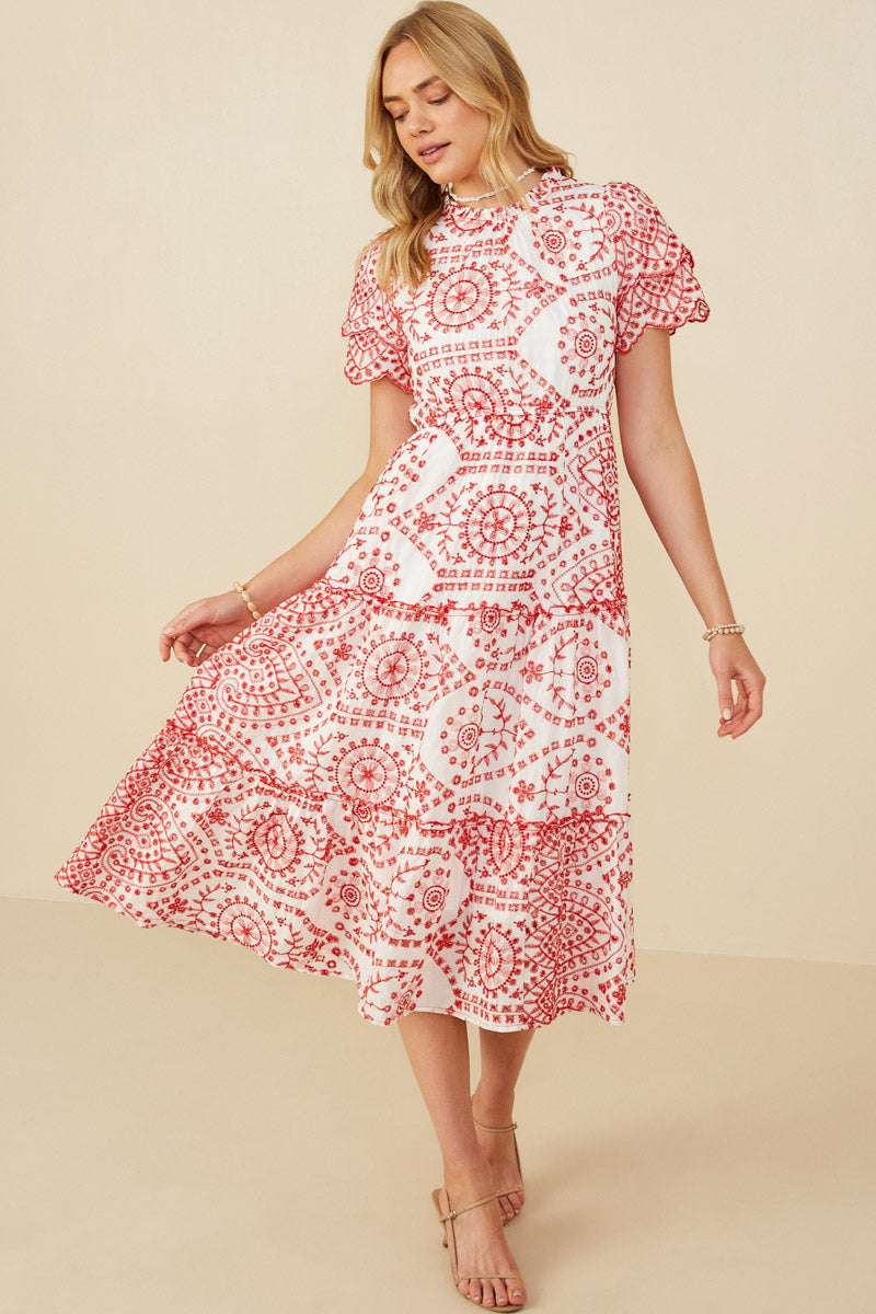 Scallop Lace Sleeve Midi Dress for Women | Boho Inspired Inclusive Outfits Red / L Red *Women's Dresses Casual Dresses Hayden Los Angeles Scallop Lace Sleeve Midi Dress for Women | Boho Inspired Inclusive Outfits Red / L Red *Women's Dresses Casual Dresses Hayden Los Angeles