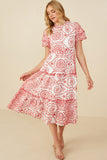 HY8058 Pink Womens Eyelet Lace Scallop Sleeve Midi Dress Full Body