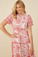 HY8058 Red Womens Eyelet Lace Scallop Sleeve Midi Dress Full Body