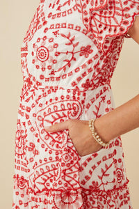 HY8058W Red Plus Eyelet Lace Scallop Sleeve Midi Dress Full Body