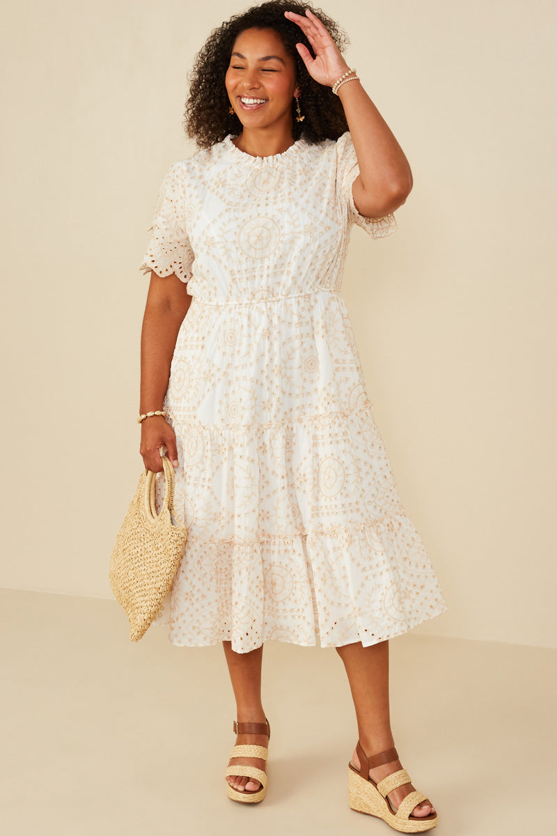 Eyelet Lace Scallop Sleeve Midi Dress