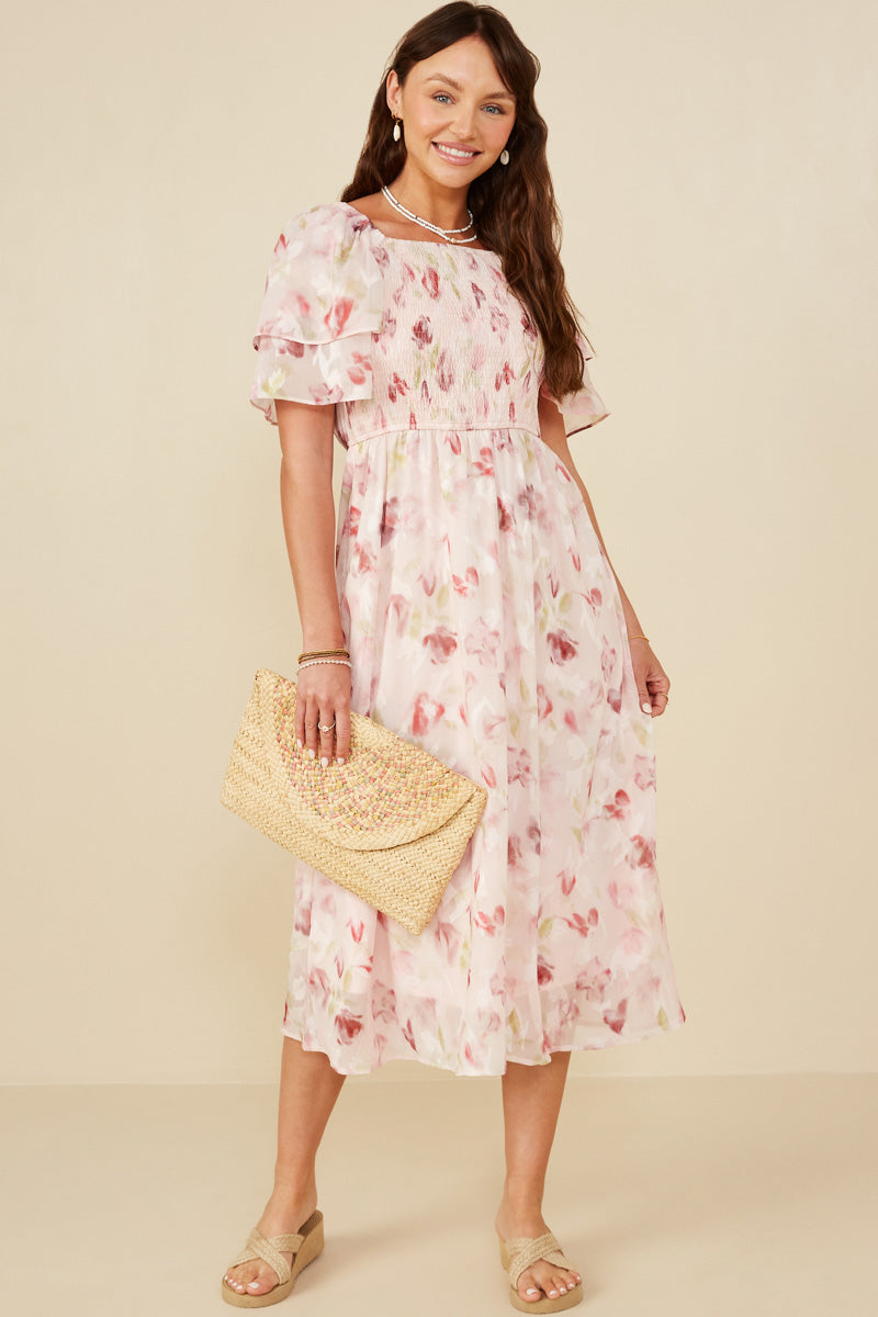 Soft Floral Print Layered Sleeve Smocked Dress