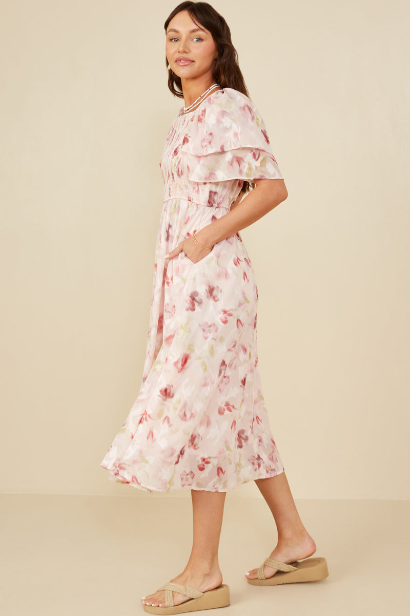 HY8063 Blush Womens Soft Floral Print Layered Sleeve Smocked Dress Gif
