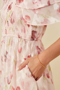 HY8063 Blush Womens Soft Floral Print Layered Sleeve Smocked Dress Side
