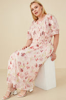 HY8063 Blush Womens Soft Floral Print Layered Sleeve Smocked Dress Full Body