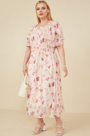 HY8063 Blush Womens Soft Floral Print Layered Sleeve Smocked Dress Back