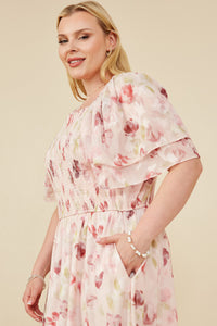 HY8063W Blush Plus Soft Floral Print Layered Sleeve Smocked Dress Gif