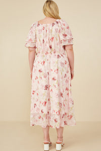 HY8063W Blush Plus Soft Floral Print Layered Sleeve Smocked Dress Full Body