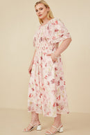 HY8063W Blush Plus Soft Floral Print Layered Sleeve Smocked Dress Detail
