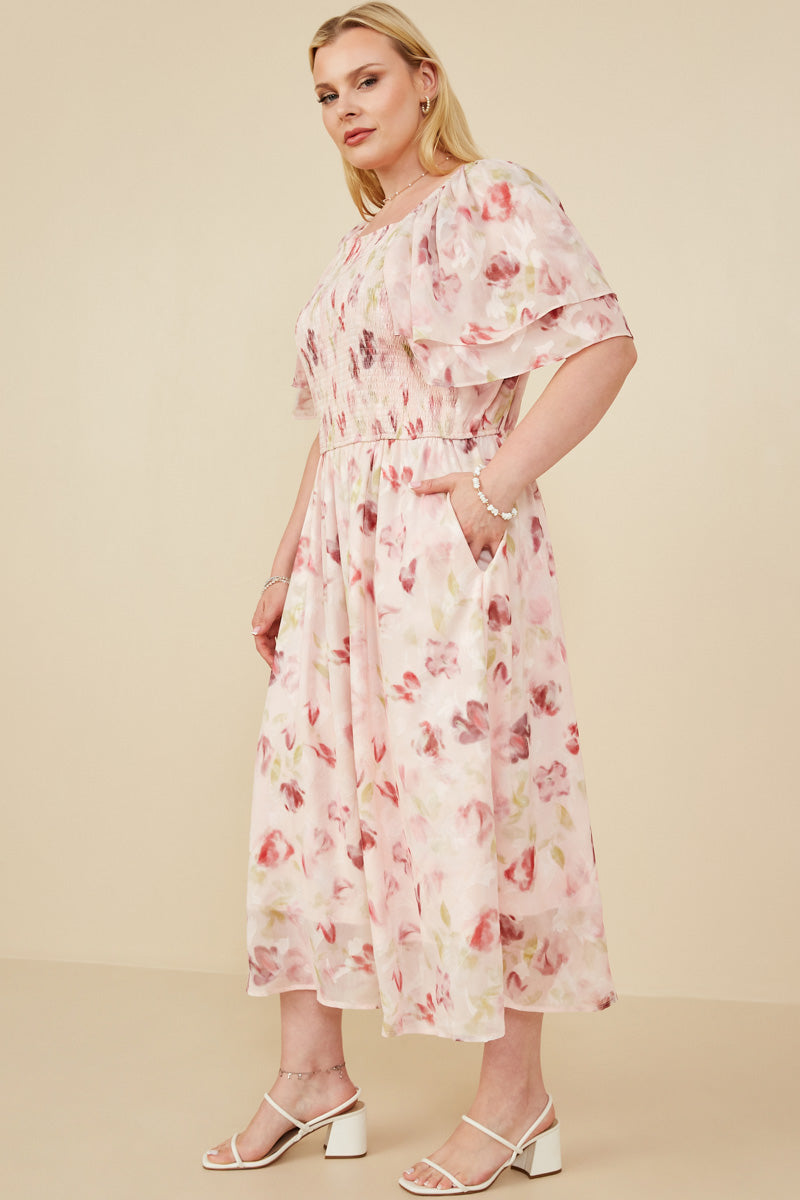 HY8063W Blush Plus Soft Floral Print Layered Sleeve Smocked Dress Detail