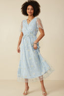 HY8066W Light Blue Plus Floral Embroidered Mesh Belted Wrap Dress Full Body