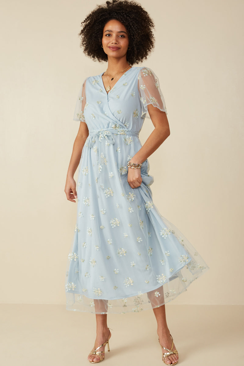 Floral Embroidered Mesh Belted Wrap Dress