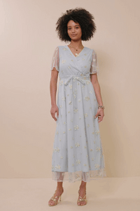 HY8066 Light Blue Womens Floral Embroidered Mesh Belted Wrap Dress Gif