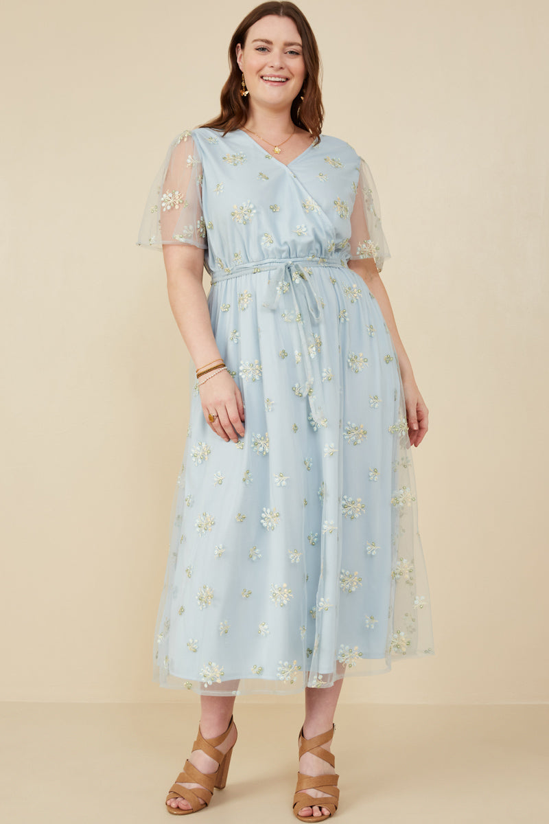 Floral Embroidered Mesh Belted Wrap Dress