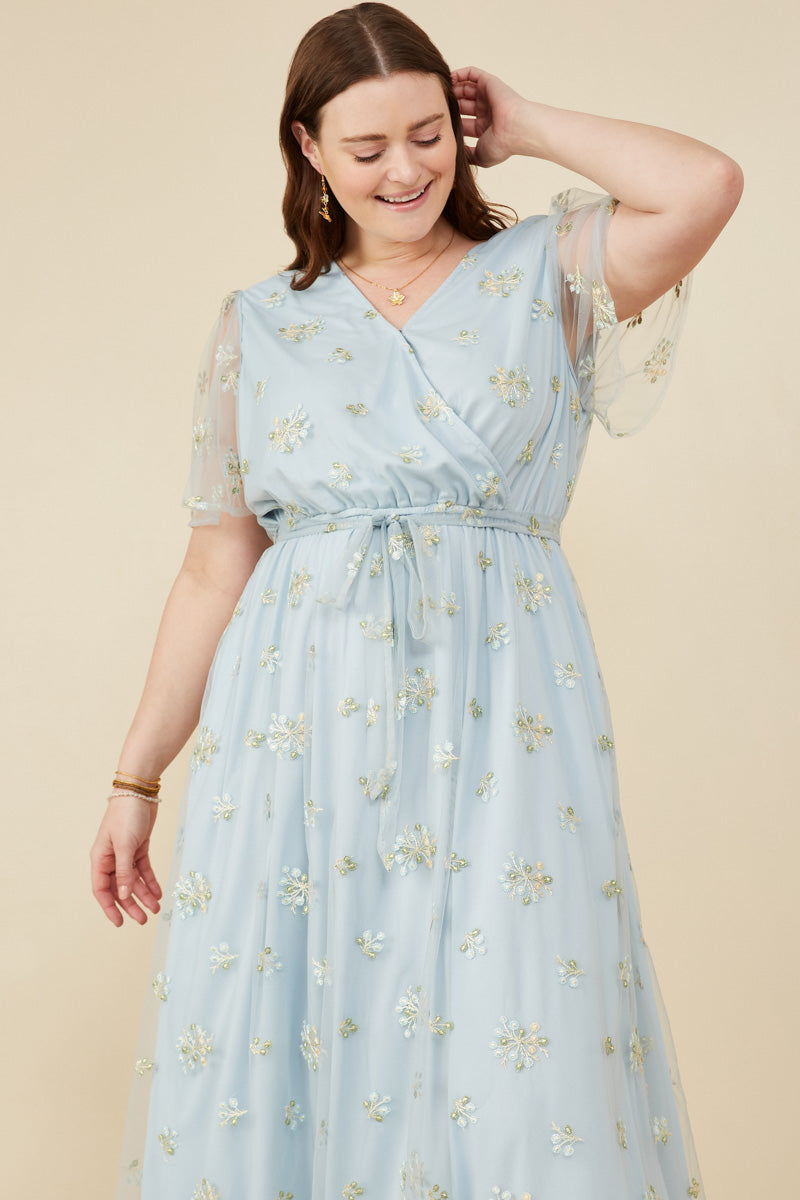 HY8066W Light Blue Plus Floral Embroidered Mesh Belted Wrap Dress Front