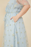 HY8066W Light Blue Plus Floral Embroidered Mesh Belted Wrap Dress Detail