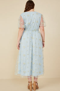 HY8066W Light Blue Plus Floral Embroidered Mesh Belted Wrap Dress Back