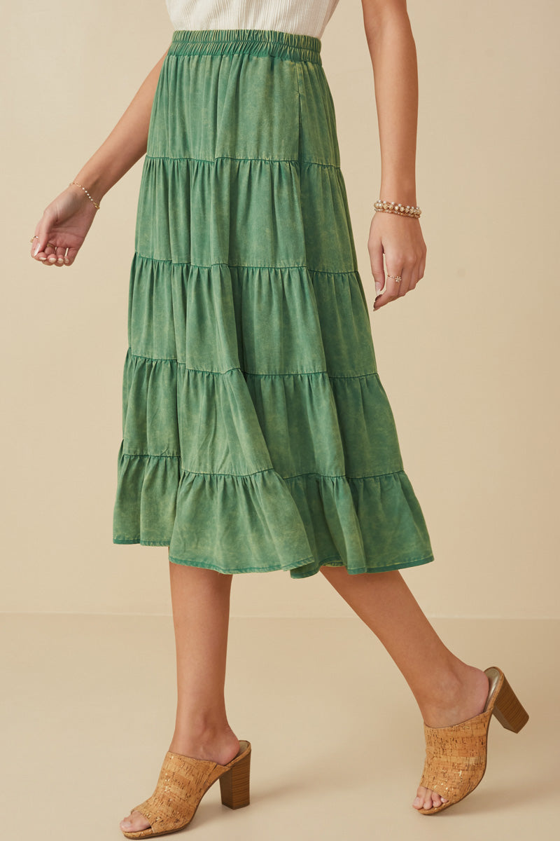 HY8073 Green Womens Two Tone Washed Tiered Skirt Editorial