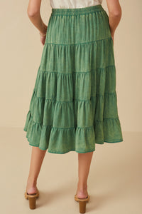 HY8073 Green Womens Two Tone Washed Tiered Skirt Front