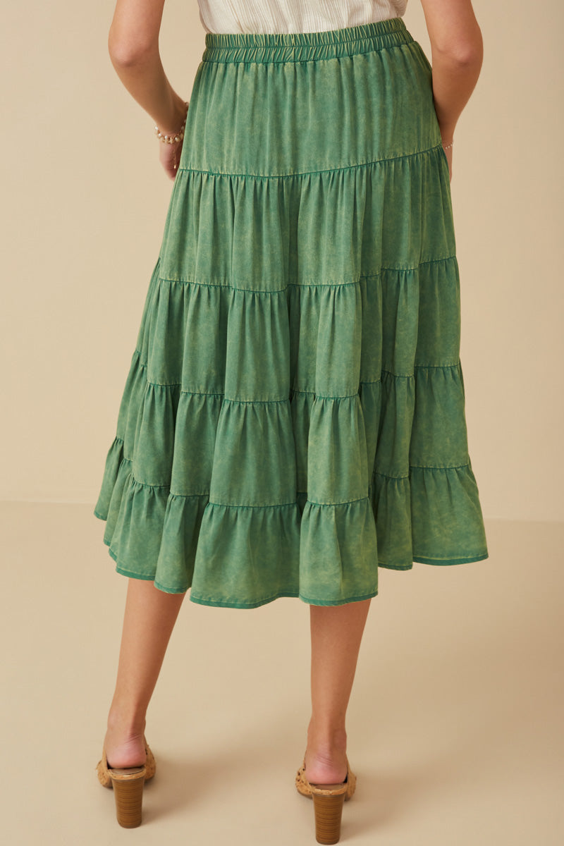 HY8073 Green Womens Two Tone Washed Tiered Skirt Front