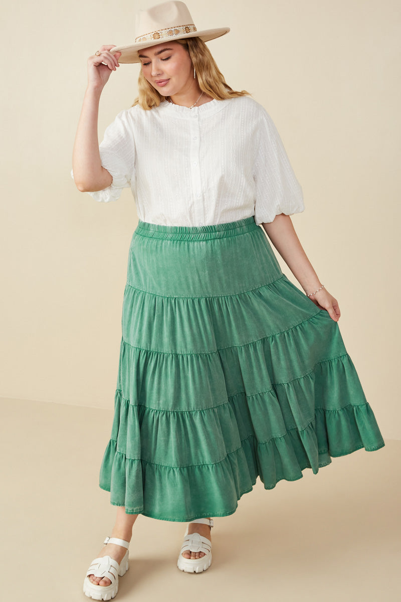 HY8073 Green Womens Two Tone Washed Tiered Skirt Full Body 2