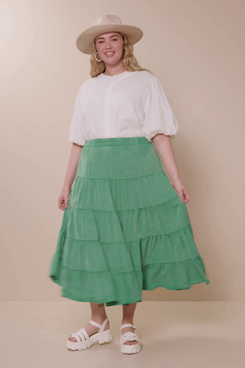 HY8073 Green Womens Two Tone Washed Tiered Skirt Side