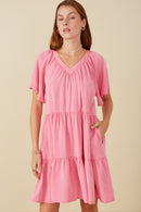 HY8081 Pink Womens Washed Tencel V Neck Tiered Dress Front