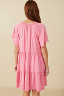 HY8081 Pink Womens Washed Tencel V Neck Tiered Dress Back