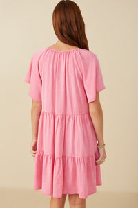 HY8081 Pink Womens Washed Tencel V Neck Tiered Dress Back