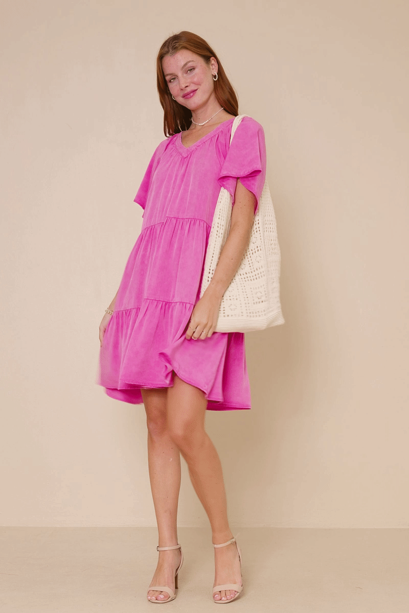 HY8081 Pink Womens Washed Tencel V Neck Tiered Dress Gif