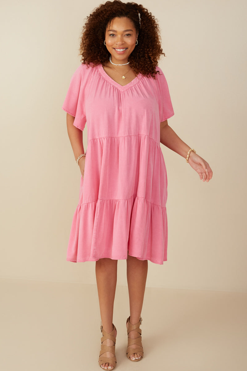 Washed Tencel V Neck Tiered Dress