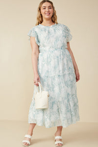 HY8082W Green Plus Floral Embroidered Printed Mesh Ruffled Tank Dress Full Body