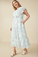 HY8082 Green Womens Floral Embroidered Printed Mesh Ruffled Tank Dress Full Body