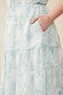 HY8082W Green Plus Floral Embroidered Printed Mesh Ruffled Tank Dress Gif