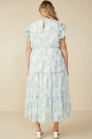 HY8082W Green Plus Floral Embroidered Printed Mesh Ruffled Tank Dress Side