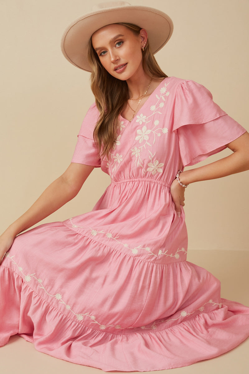 Embroidered Ruffle Sleeve Tiered Dress