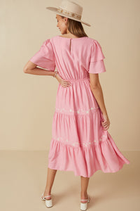 HY8104 Pink Womens Embroidered Ruffle Sleeve Tiered Dress Back