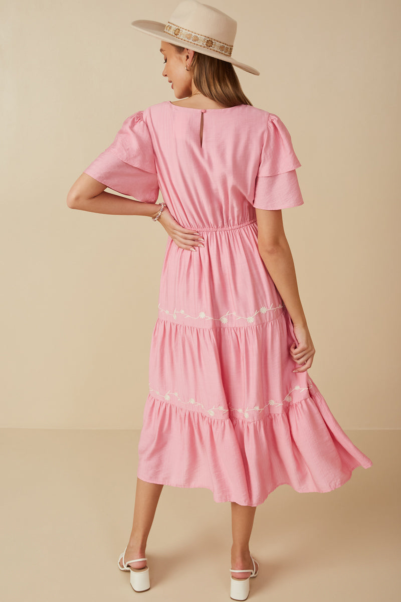 HY8104 Pink Womens Embroidered Ruffle Sleeve Tiered Dress Back