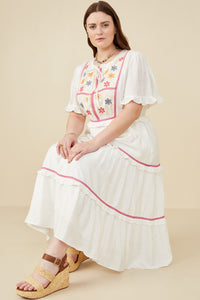 HY8105 Off White Womens Floral Embrroidered Crochet Lace Detailed Dress Full Body