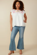 HY8107 Off White Womens Floral Embroidered Crochet Lace Detail Top Side