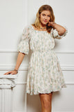 HY8130 Cream Womens Floral Printed Mesh Puff Sleeve Dress Editorial