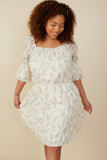 HY8130W Cream Plus Floral Printed Mesh Puff Sleeve Dress Front