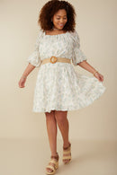 HY8130W Cream Plus Floral Printed Mesh Puff Sleeve Dress Full Body