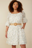 HY8130W Cream Plus Floral Printed Mesh Puff Sleeve Dress Front 2