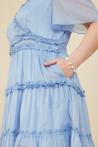 HY8134W Blue Plus Ruffle Detailed Surplice Organza Dress Gif