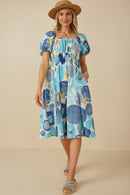 HY8136 Blue Womens Square Neck Abstract Floral Cotton Linen Dress Gif