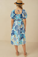 HY8136 Blue Womens Square Neck Abstract Floral Cotton Linen Dress Detail