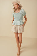 HY8149 Mint Womens Ruffle Detail Smocked Floral Embroidered Top Gif